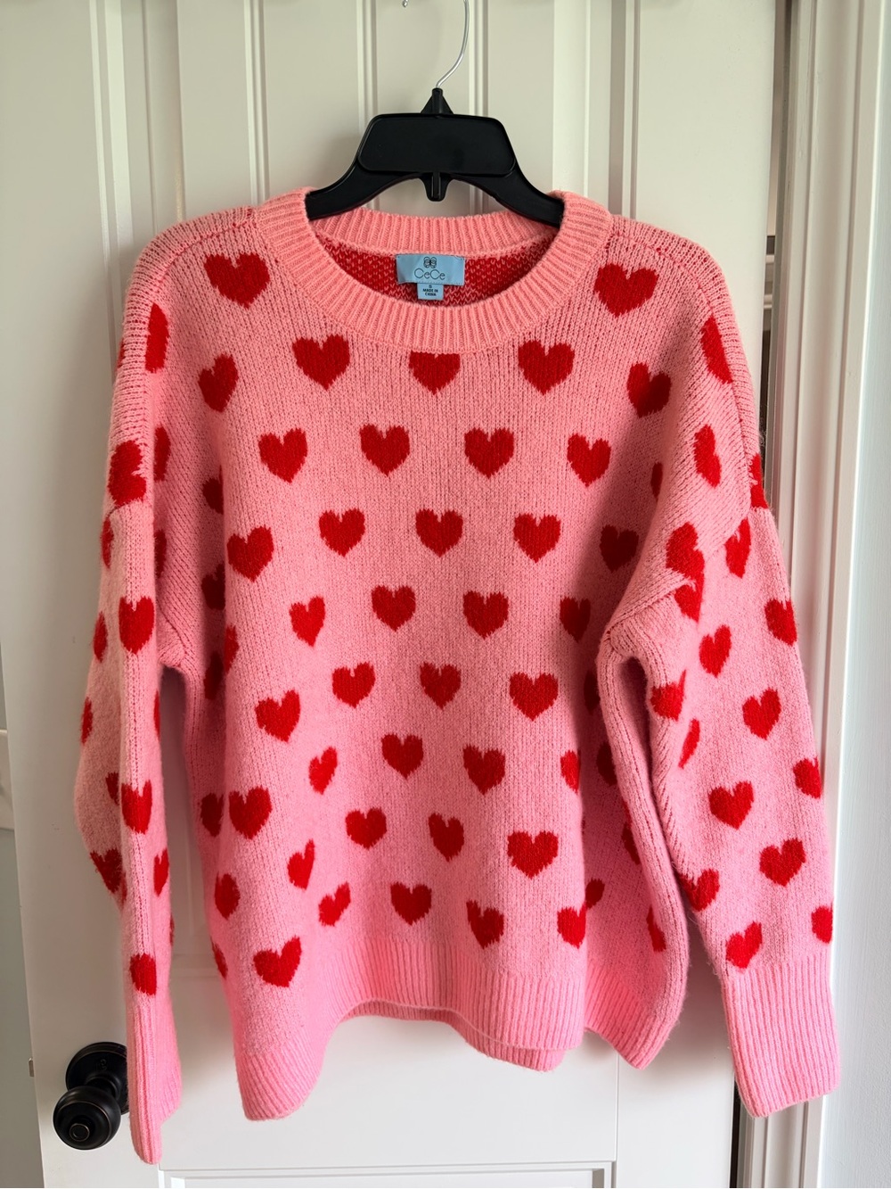 Cece Pink Knit Sweater with Red Heart Pattern